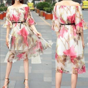 Bell sleeve floral overlay dress